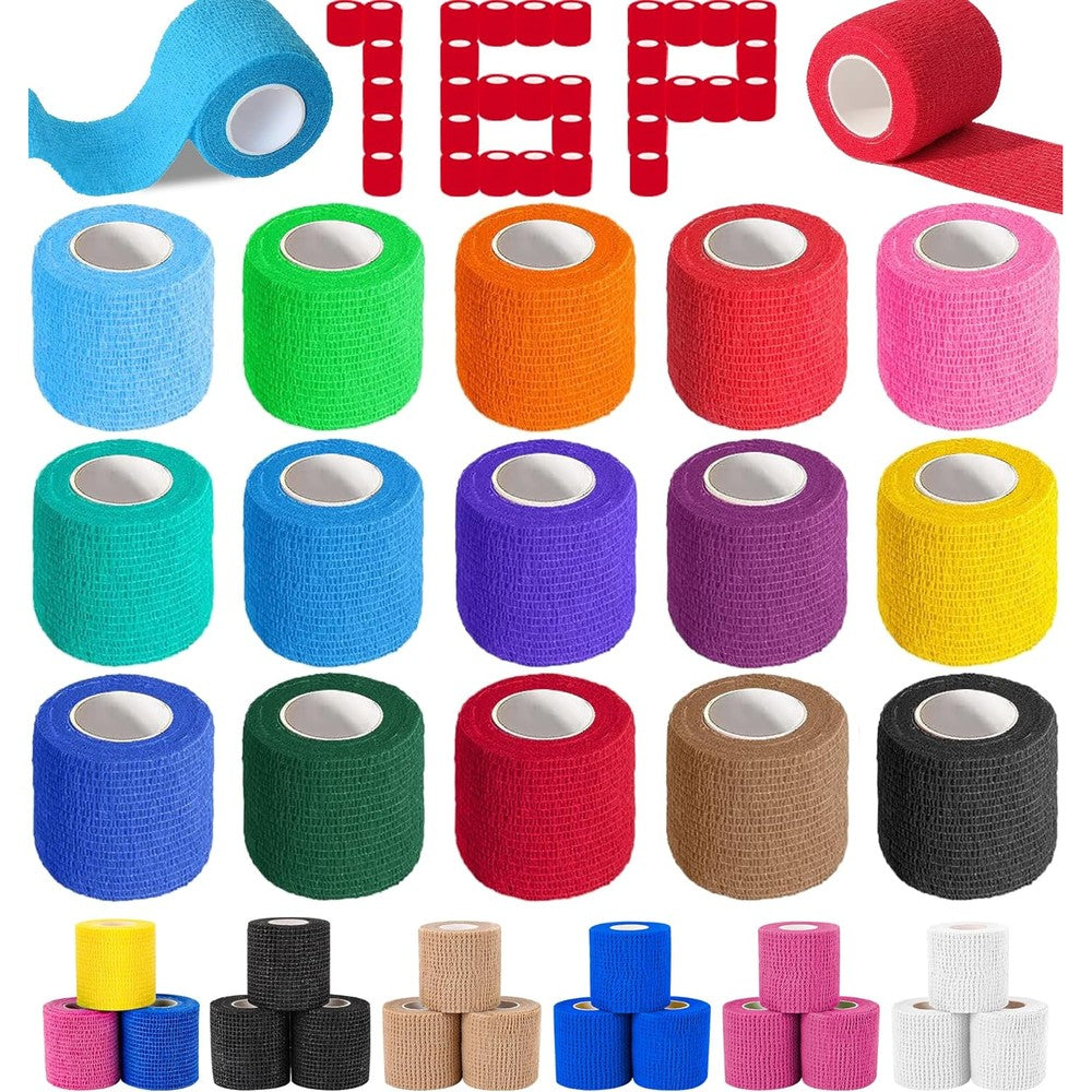 AZEN 16 pack self adhesive bandage wrap front view showing multiple colorful rolls