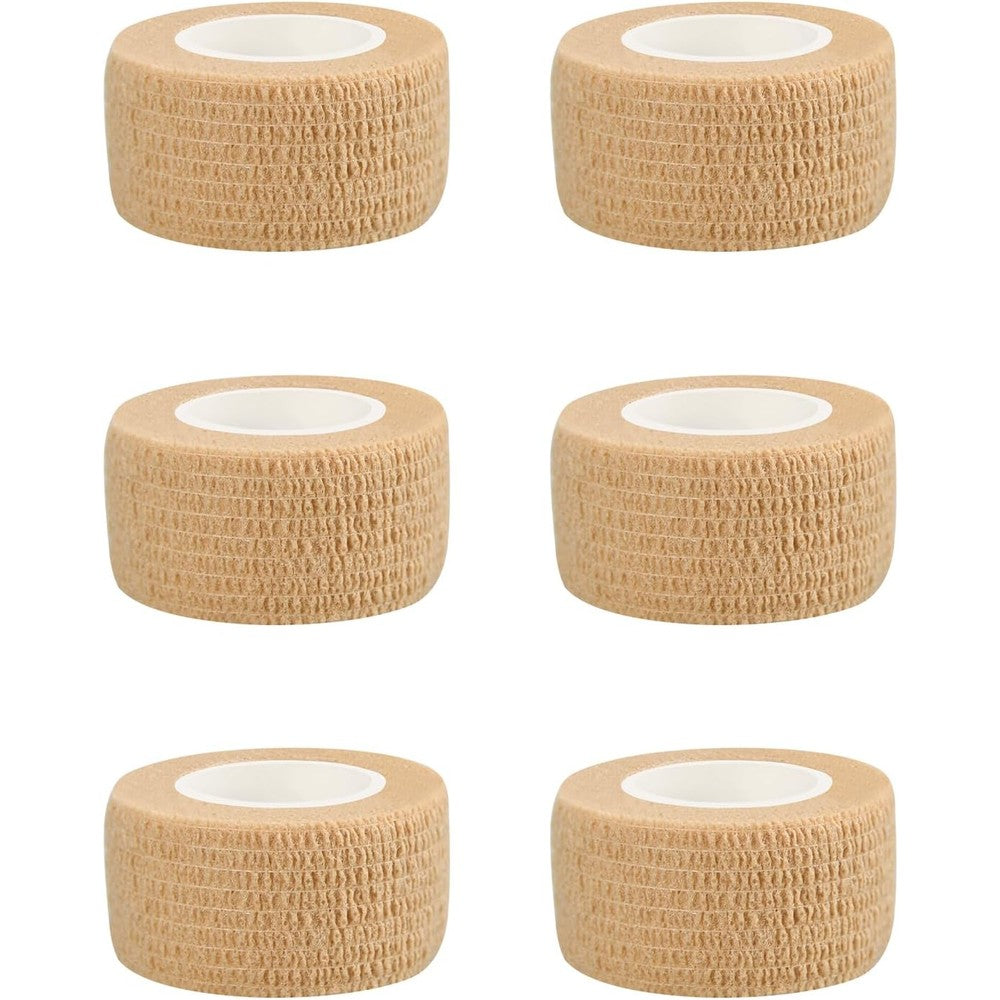 RUBY.Q self adhesive bandage wraps front view of six skin color cohesive tape rolls