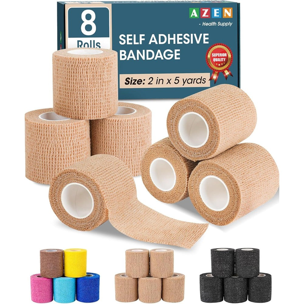 AZEN Self Adhesive Bandage Wrap front view of skin color athletic tape rolls.