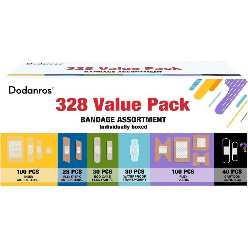 Dodanros Variety Bandages Pack 328 Count front view showcasing the complete assortment box.