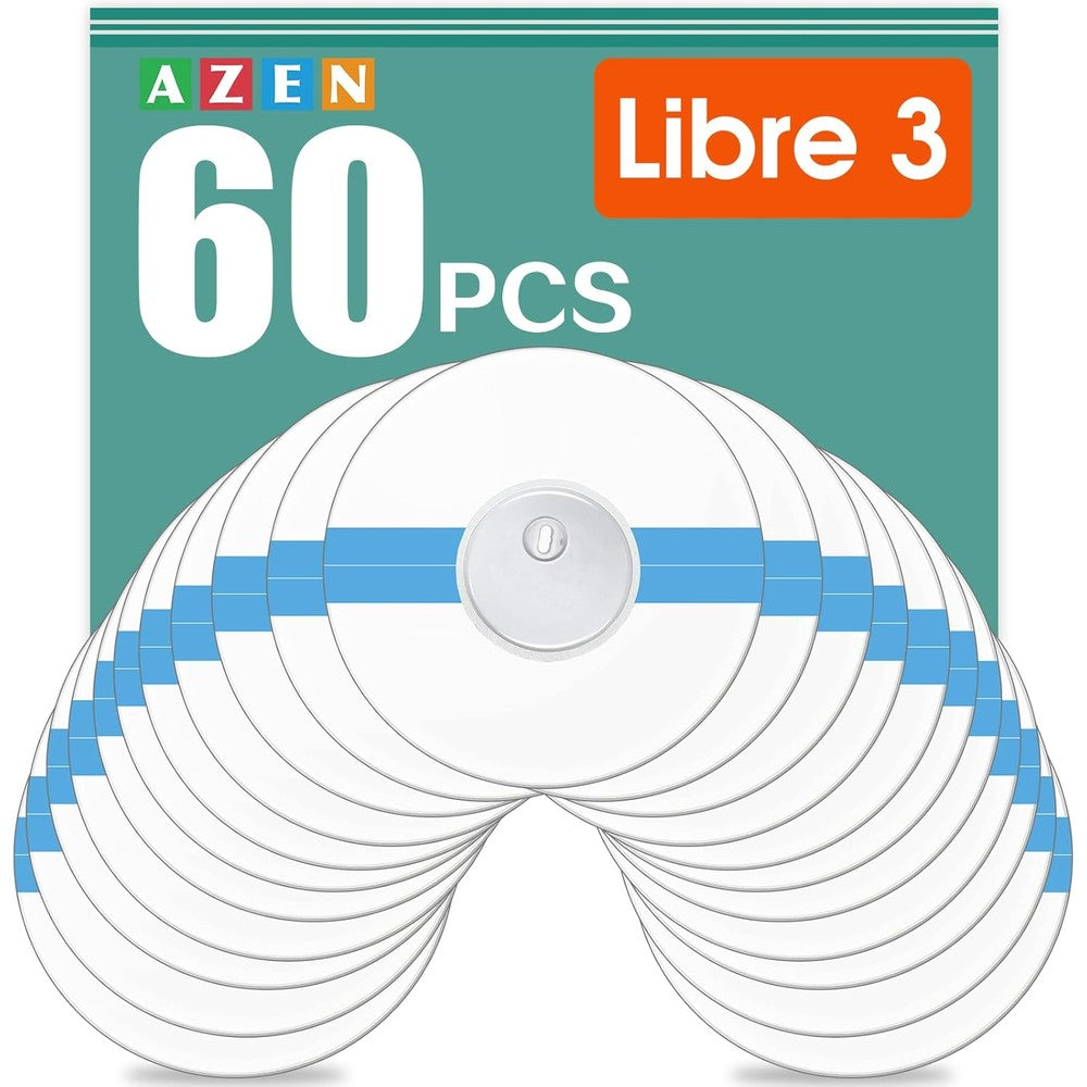 AZEN Freestyle Sensor Covers for Libre 3 front view showing transparent waterproof adhesive patches package.