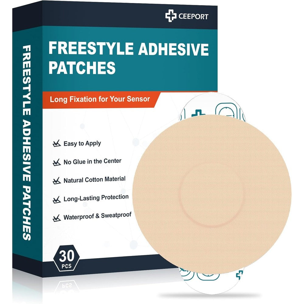 Ceeport Freestyle Adhesive Patches 30 pack box front view showing tan colored round sensor covers for continuous glucose monitors.