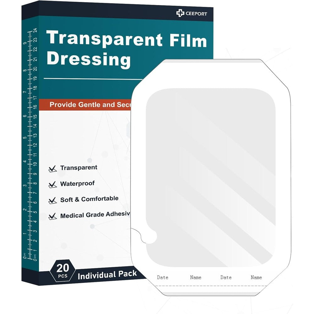 Ceeport transparent film dressing 20 pack front packaging view for waterproof wound protection