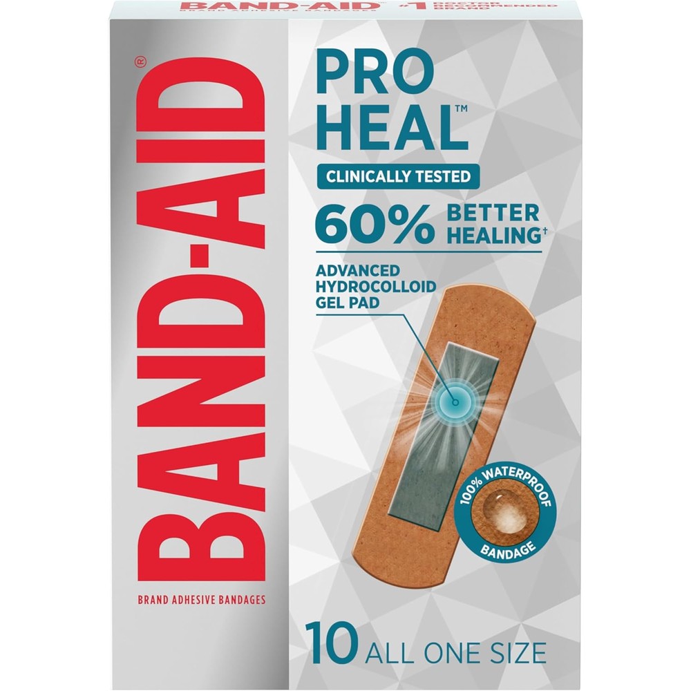 BAND-AID Brand Pro Heal waterproof bandages front view packaging highlighting hydrocolloid gel pads