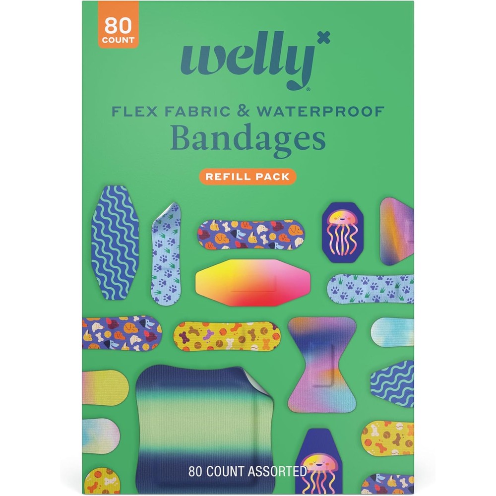 Welly Bandage Family Pack front view of the premium packaging showing eighty assorted flexible fabric bandages.