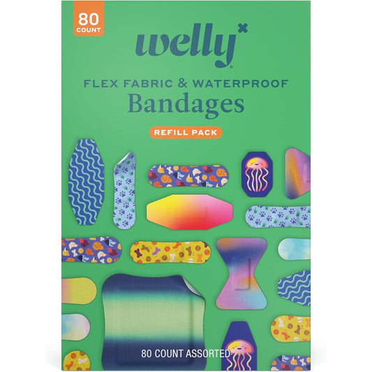 Welly Bandage Family Pack front view of the premium packaging showing eighty assorted flexible fabric bandages.