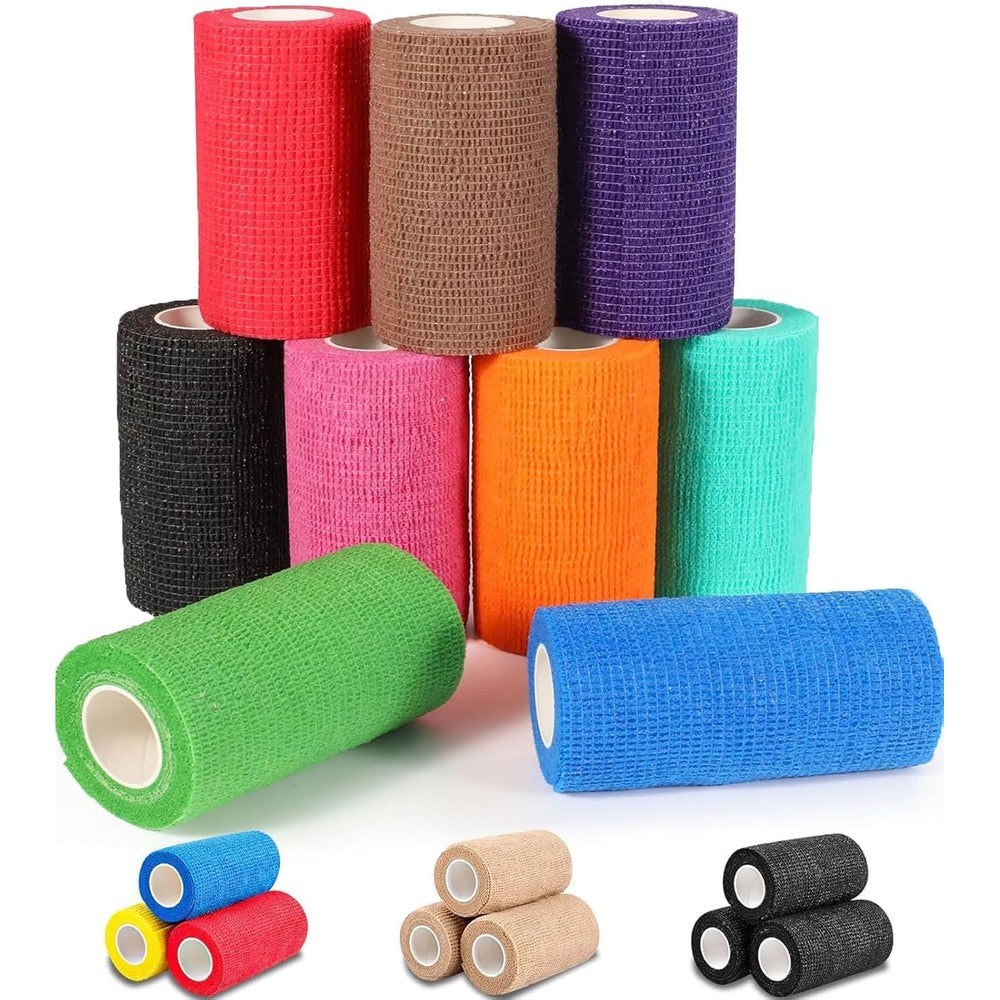 AZEN 9 Pack Self Adhesive Bandage Wrap front view showcasing multi color cohesive rolls.