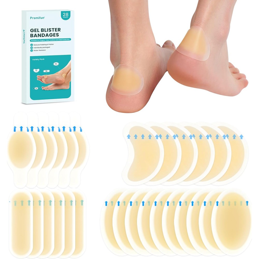 Promifun Blister Pads 28 Count front packaging view showcasing water resistant hydrocolloid gel bandages for foot care