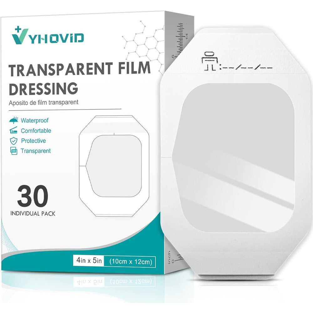 YHOVID transparent film dressing box front view showing sterile waterproof bandages.