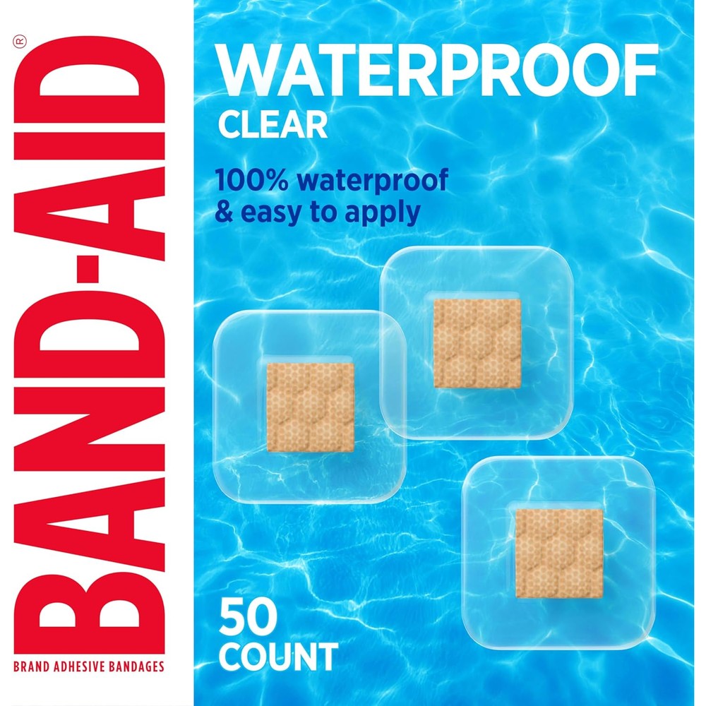 BAND-AID Brand Waterproof Clear Spot Adhesive Square Bandages 50 count box front view showing transparent patch style.