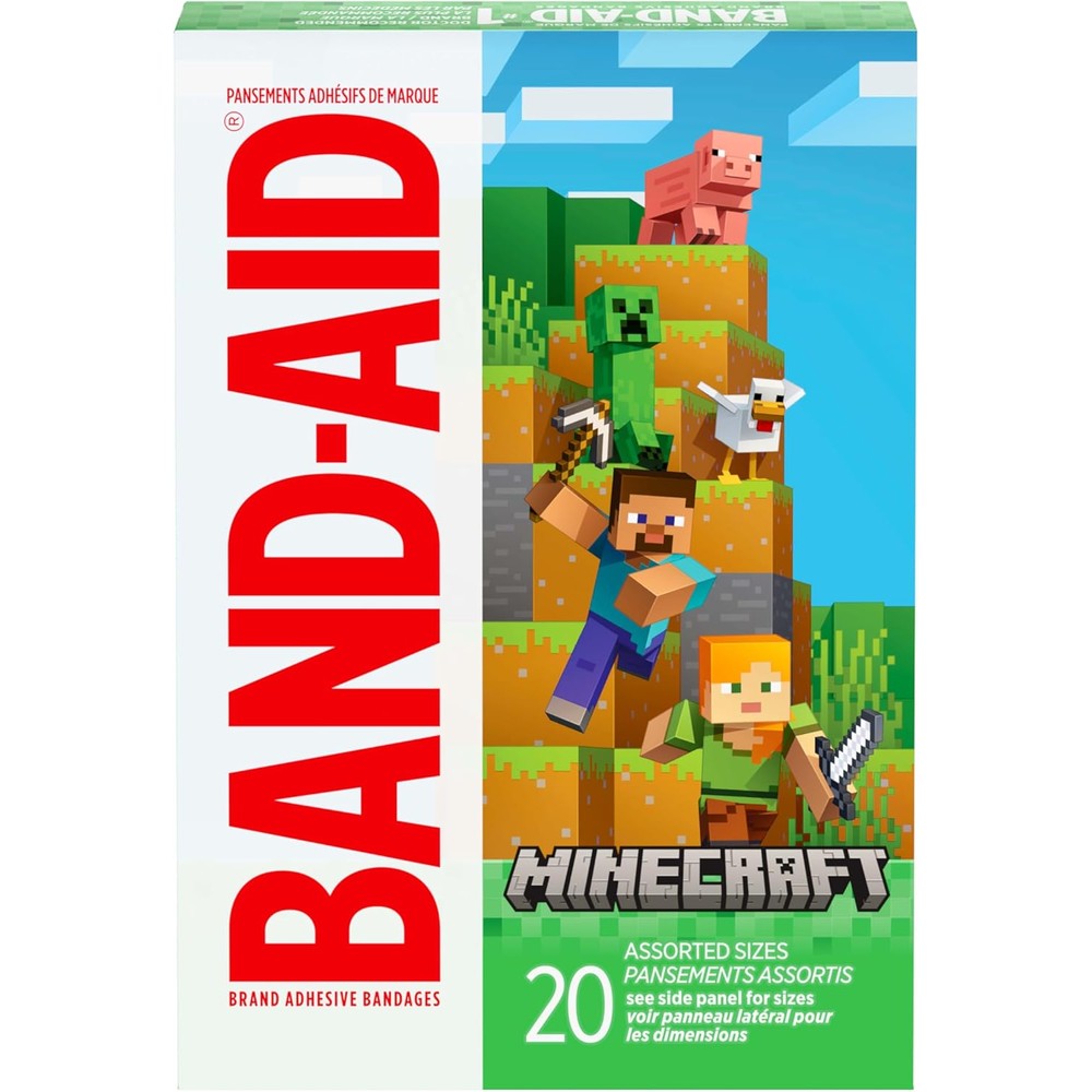 BAND-AID Brand Minecraft kids bandages front view packaging showcasing character prints.