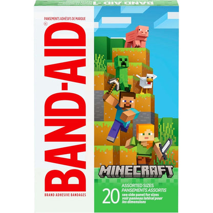BAND-AID Brand Minecraft kids bandages front view packaging showcasing character prints.