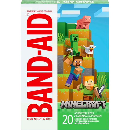 BAND-AID Brand Minecraft kids bandages front view packaging showcasing character prints.