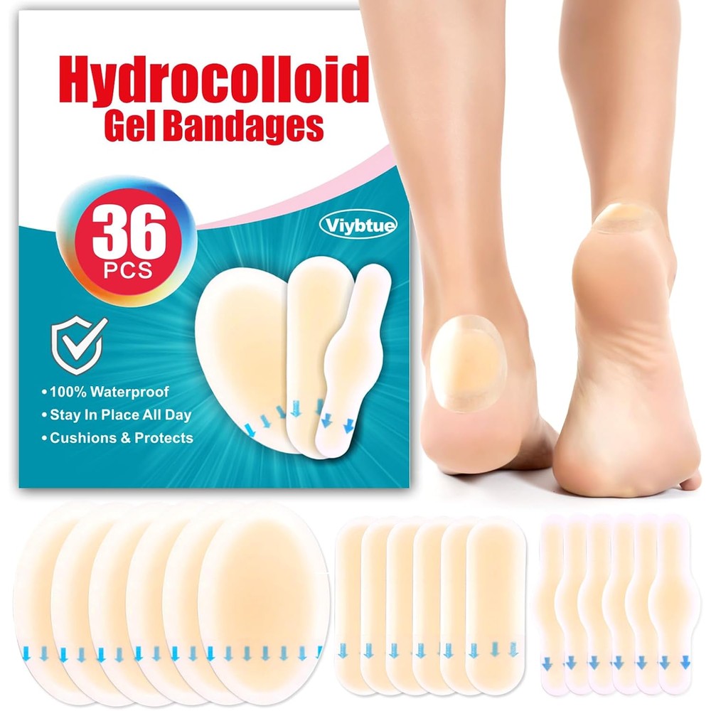 Viybtue hydrocolloid blister bandages thirty six piece pack front view showcasing waterproof foot care pads