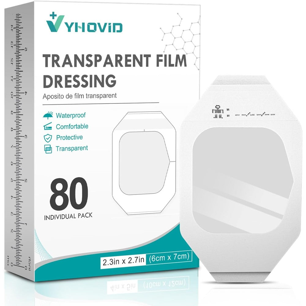 YHOVID transparent film dressing front packaging showing eighty waterproof patches.