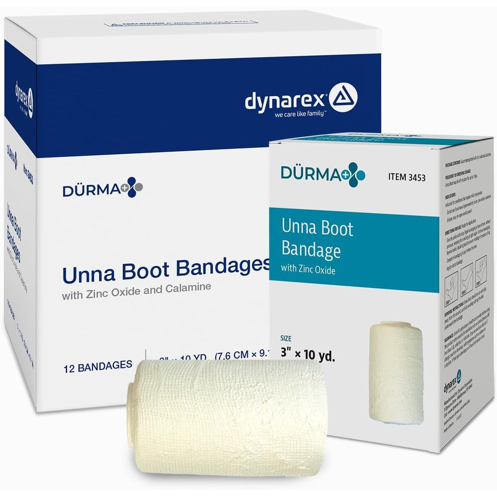 Dynarex DÃ¼rma+ Unna Boot Bandage front view with zinc oxide packaging.