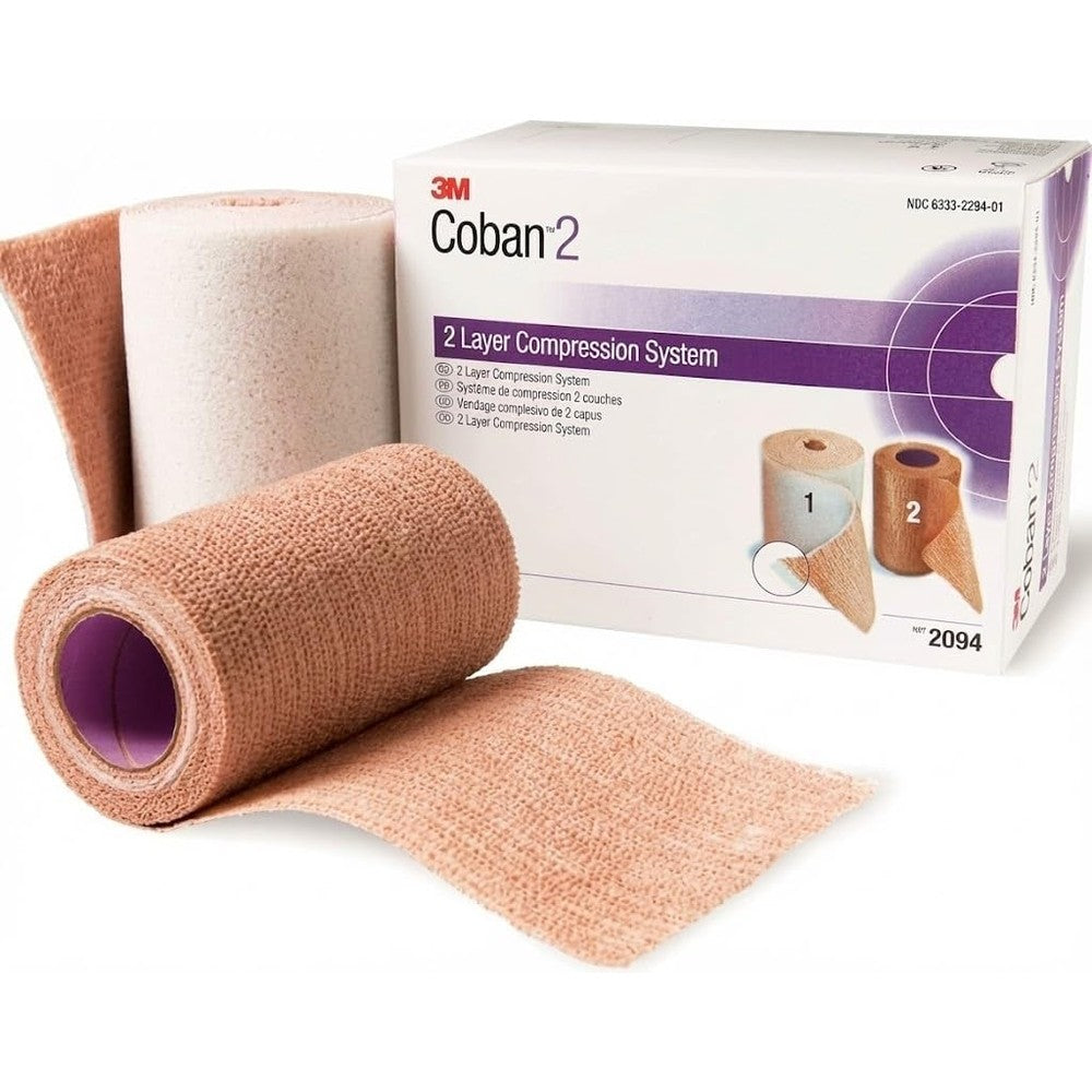 3M Coban 2 Layer Compression System 2094 medical wrap box and rolls showing the dual layer technology.