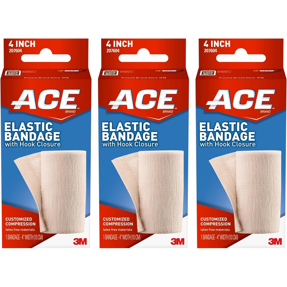ACE Elastic Bandage with Hook Closure 4 inch pack of 3 front view for injury recovery.