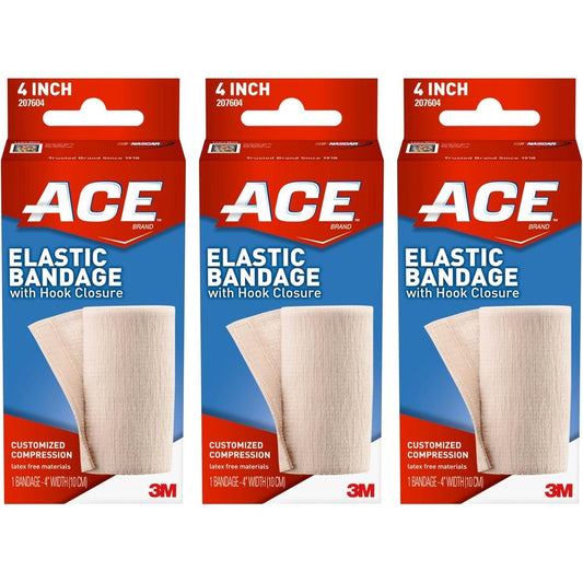 ACE Elastic Bandage with Hook Closure 4 inch pack of 3 front view for injury recovery.