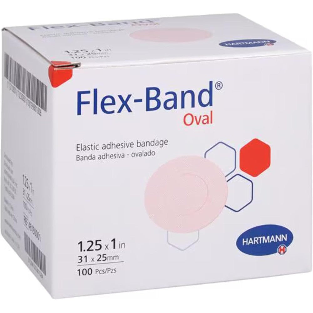 Hartmann Flex-Band Oval Adhesive Bandages box front view for medical wound care.