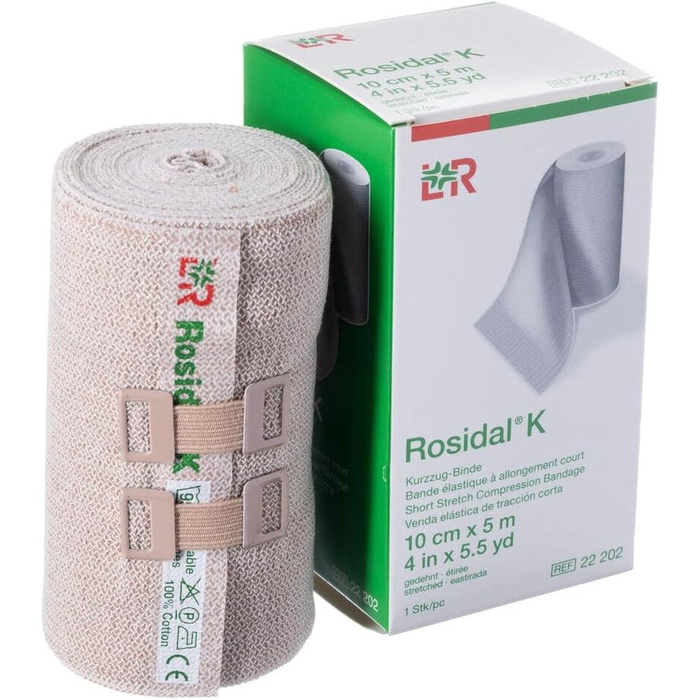 Lohmann & Rauscher Rosidal K Short Stretch Compression Bandage 10cm x 5m roll for lymphedema treatment.