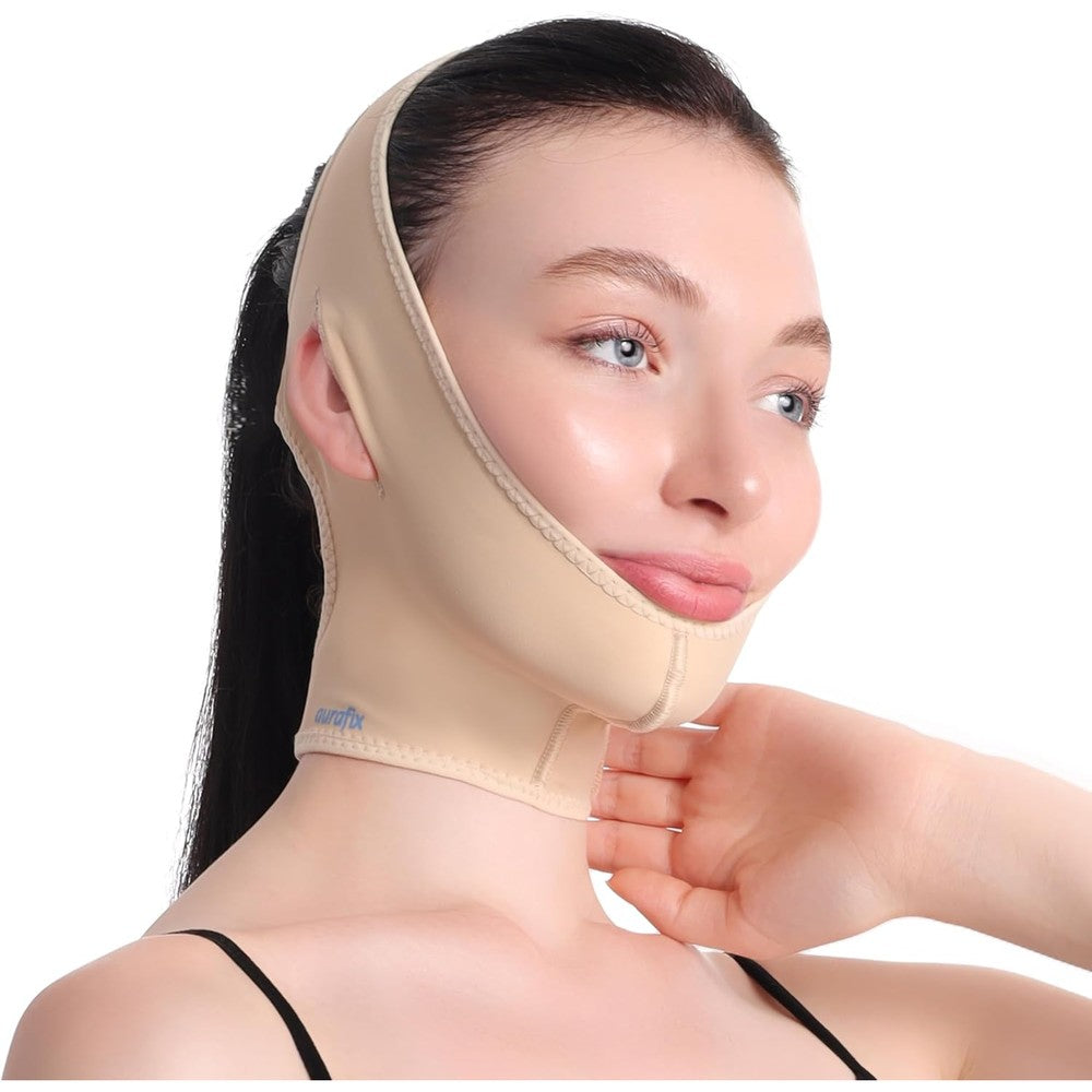 Aurafix Post Surgical Chin Strap Bandage front view for facial compression.