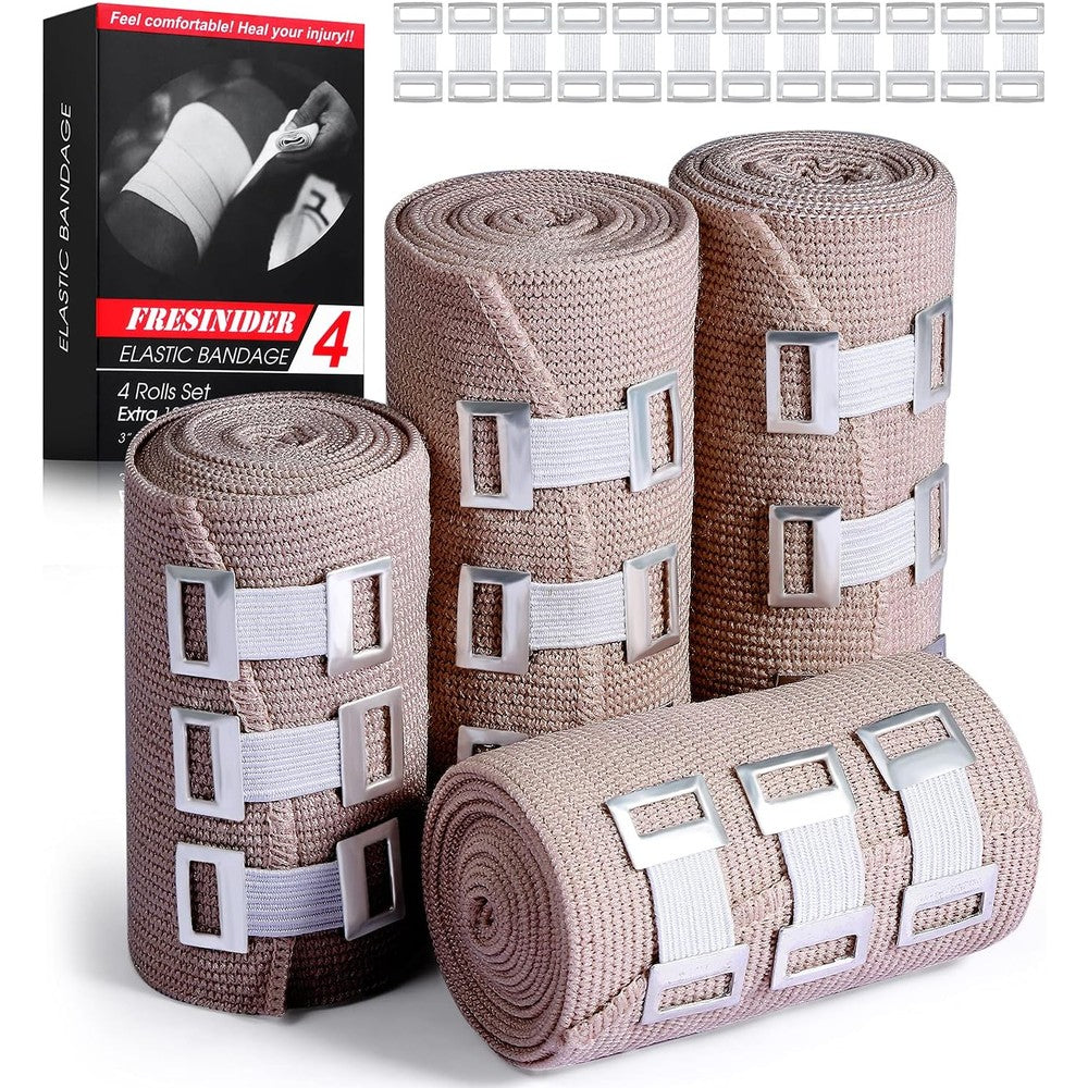 FRESINIDER Elastic Bandage Wrap 4 pack front view showing rolls and clips.