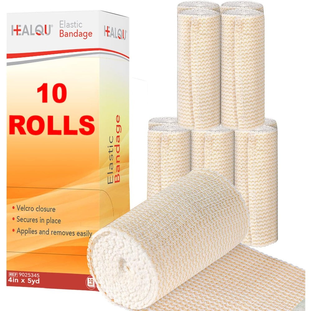 Healqu Premium Elastic Bandage front view box of 10 rolls for compression therapy.