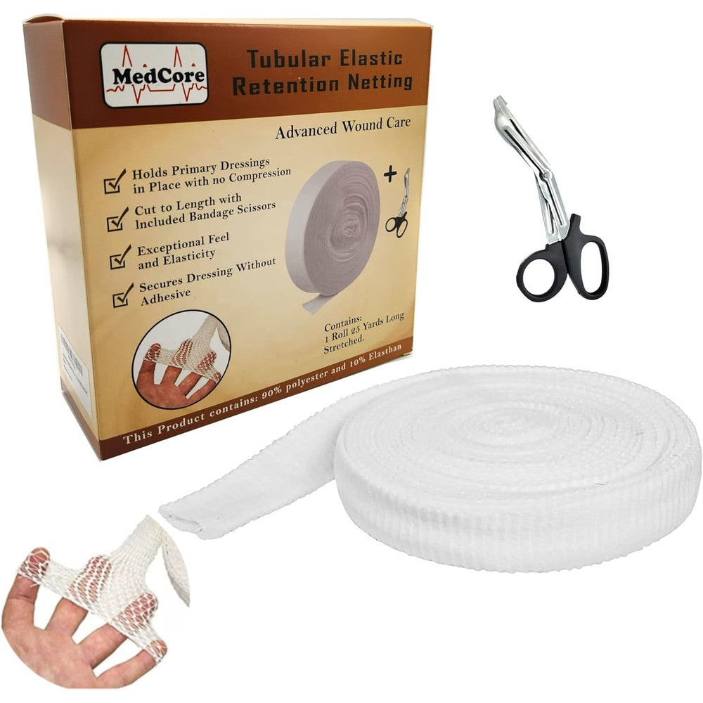 Medcore Fix Tubular Net Bandage Size 4 front view of the 10 yard roll and medical scissors.