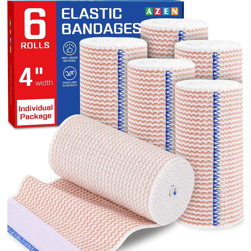 AZEN Premium 6 Pack Elastic Bandage Wrap 4 Inch front view compression rolls.