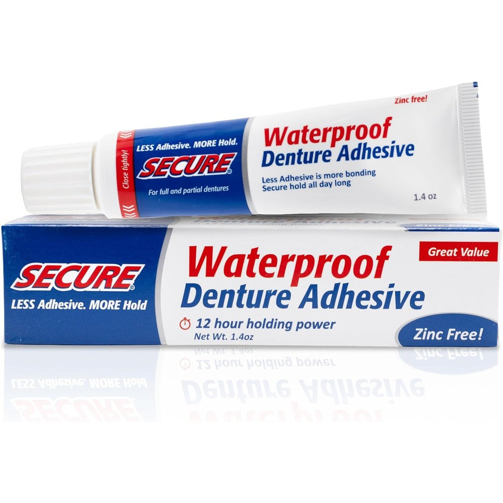 Secure Waterproof Denture Adhesive front view packaging of the zinc free cream