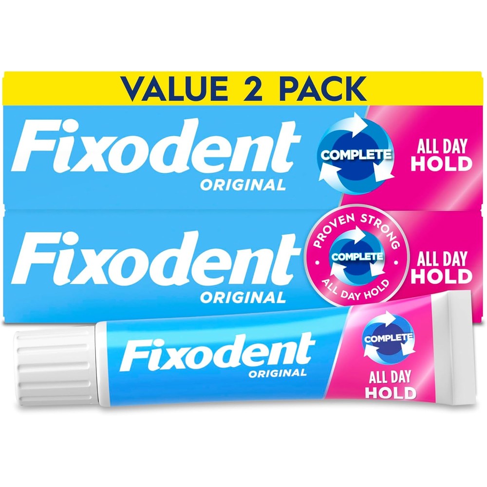 Fixodent Complete Original Denture Adhesive Cream twin pack front view showing packaging.