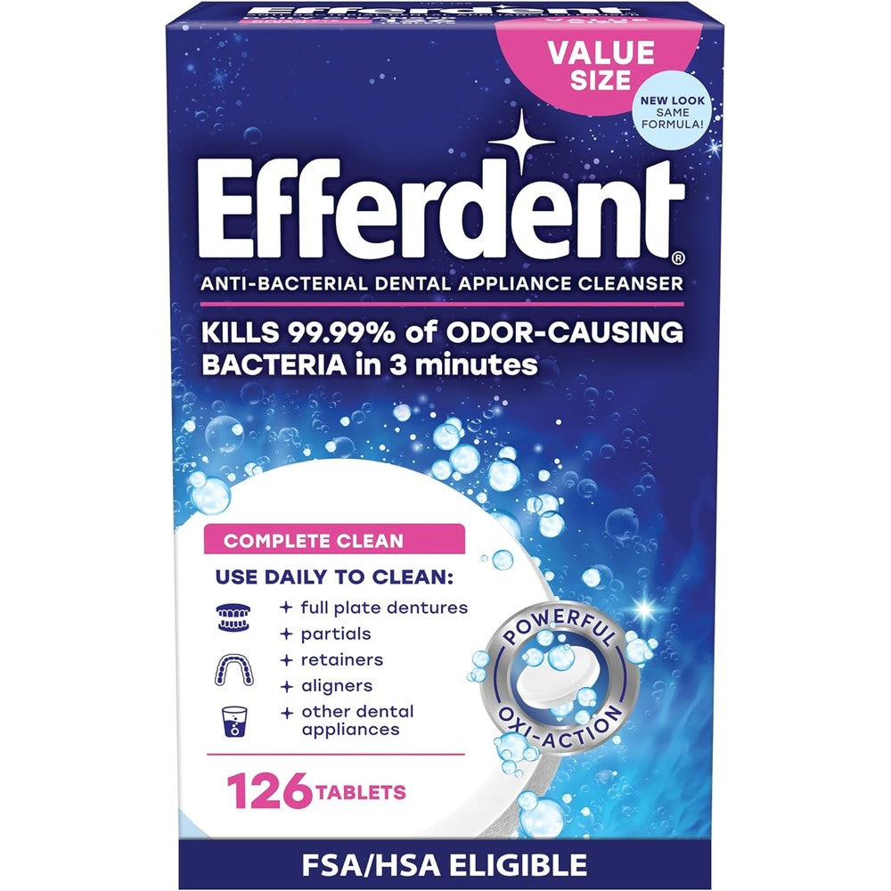 Efferdent Complete Clean anti bacterial denture cleanser tablets 126 count front box packaging