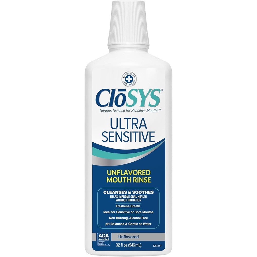CloSYS Ultra Sensitive Mouthwash 32 Ounce front view bottle for sensitive gums.