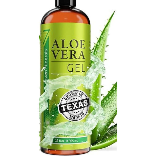 Seven Minerals organic aloe vera gel bottle front view for skin and hair