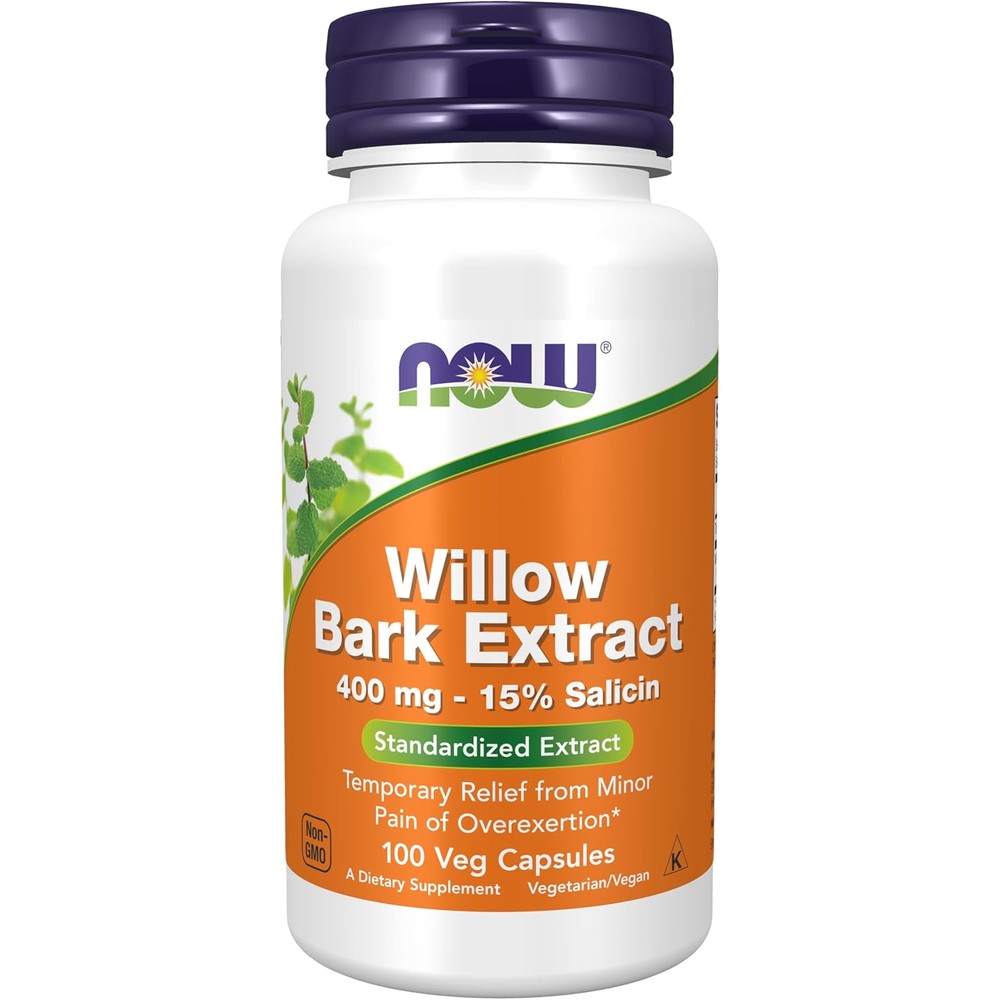 NOW Foods White Willow Bark 400 mg front view bottle of herbal supplements for natural pain relief.