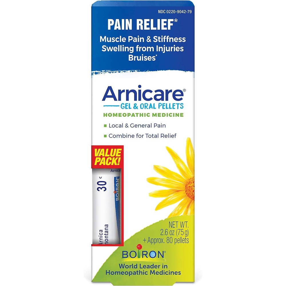 Boiron Arnicare Gel and Arnica 30c Value Pack front view for pain relief