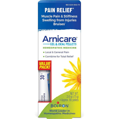 Boiron Arnicare Gel and Arnica 30c Value Pack front view for pain relief