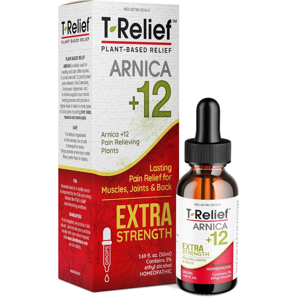 MediNatura T-Relief Extra Strength Oral Drops front view for natural pain relief.