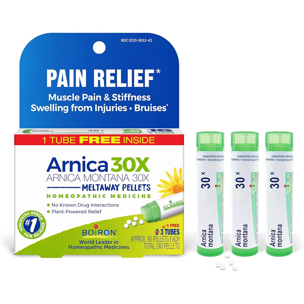 Boiron Arnica Montana 30X homeopathic pellets front view in packaging.