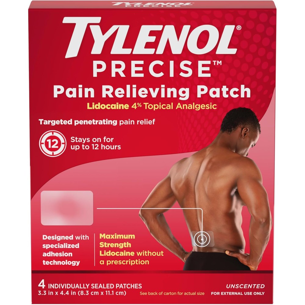 Tylenol Precise Pain Relieving Patches front view showing 4 count packaging