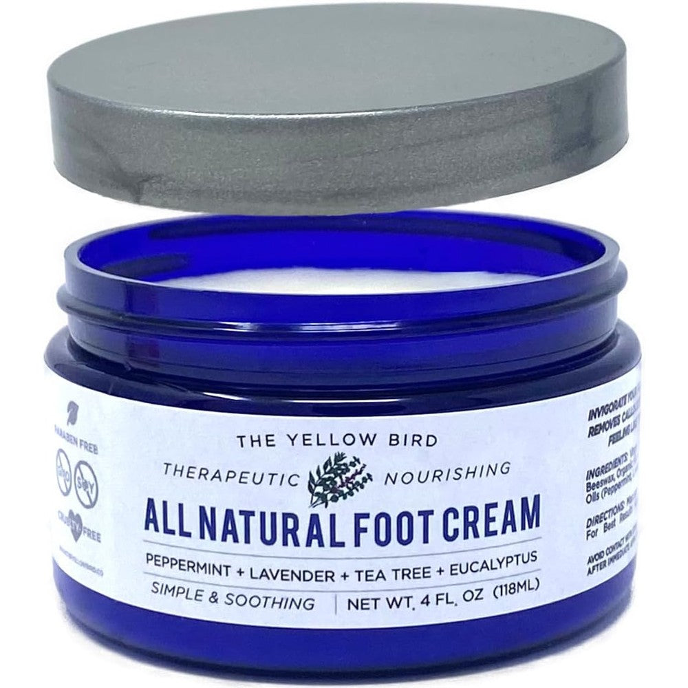 The Yellow Bird Tea Tree Foot Cream 4 Ounce jar front view for cracked heel repair