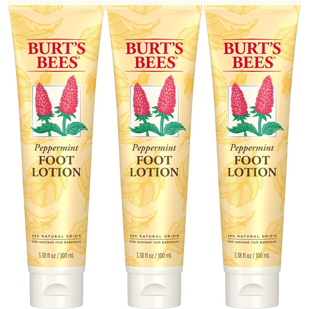 Burt's Bees Peppermint Oil Foot Lotion pack of three front view displaying natural foot care packaging.