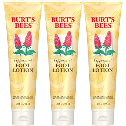Burt's Bees Peppermint Oil Foot Lotion pack of three front view displaying natural foot care packaging.