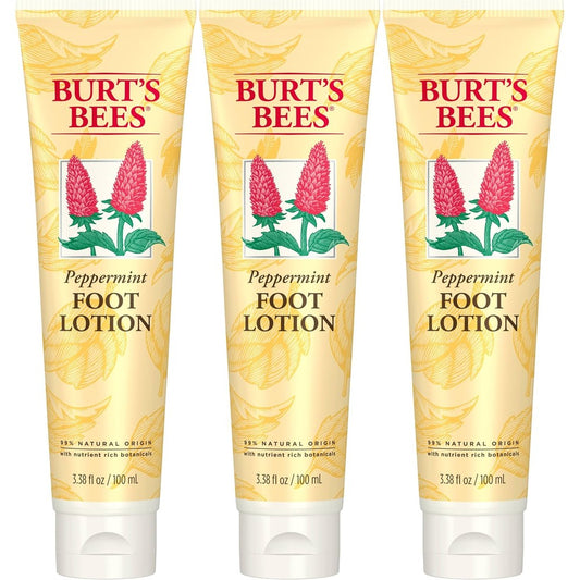 Burt's Bees Peppermint Oil Foot Lotion pack of three front view displaying natural foot care packaging.