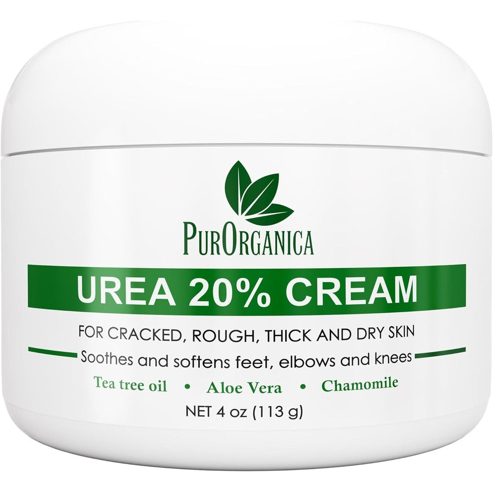 PurOrganica Urea 20% Healing Cream 4 oz front view of the packaging for intensive callus removal