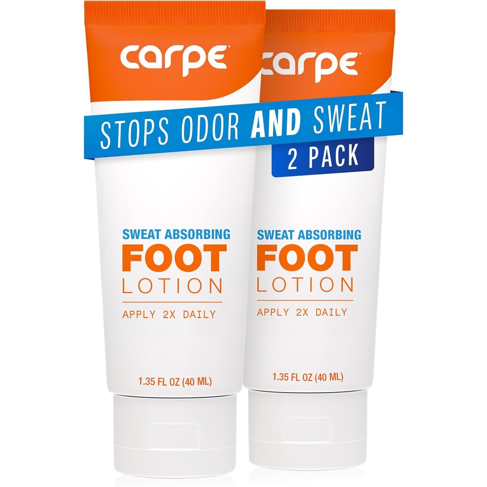 Carpe Sweat Absorbing Foot Lotion two pack front view showing the antiperspirant packaging.