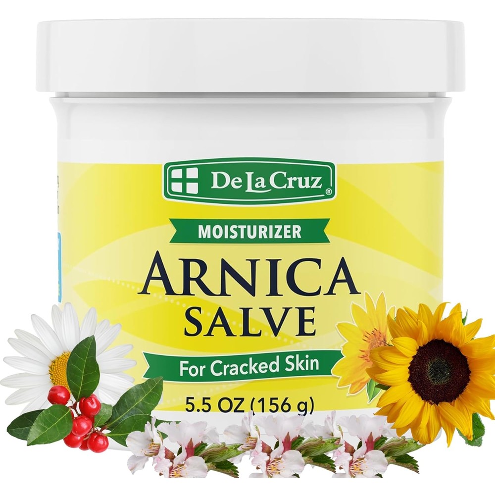 De La Cruz Arnica Salve front view of the jumbo five point five ounce jar for cracked skin treatment.