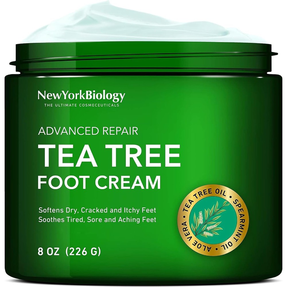 New York Biology Tea Tree Oil Foot Cream front view of eight ounce container showcasing product labeling.