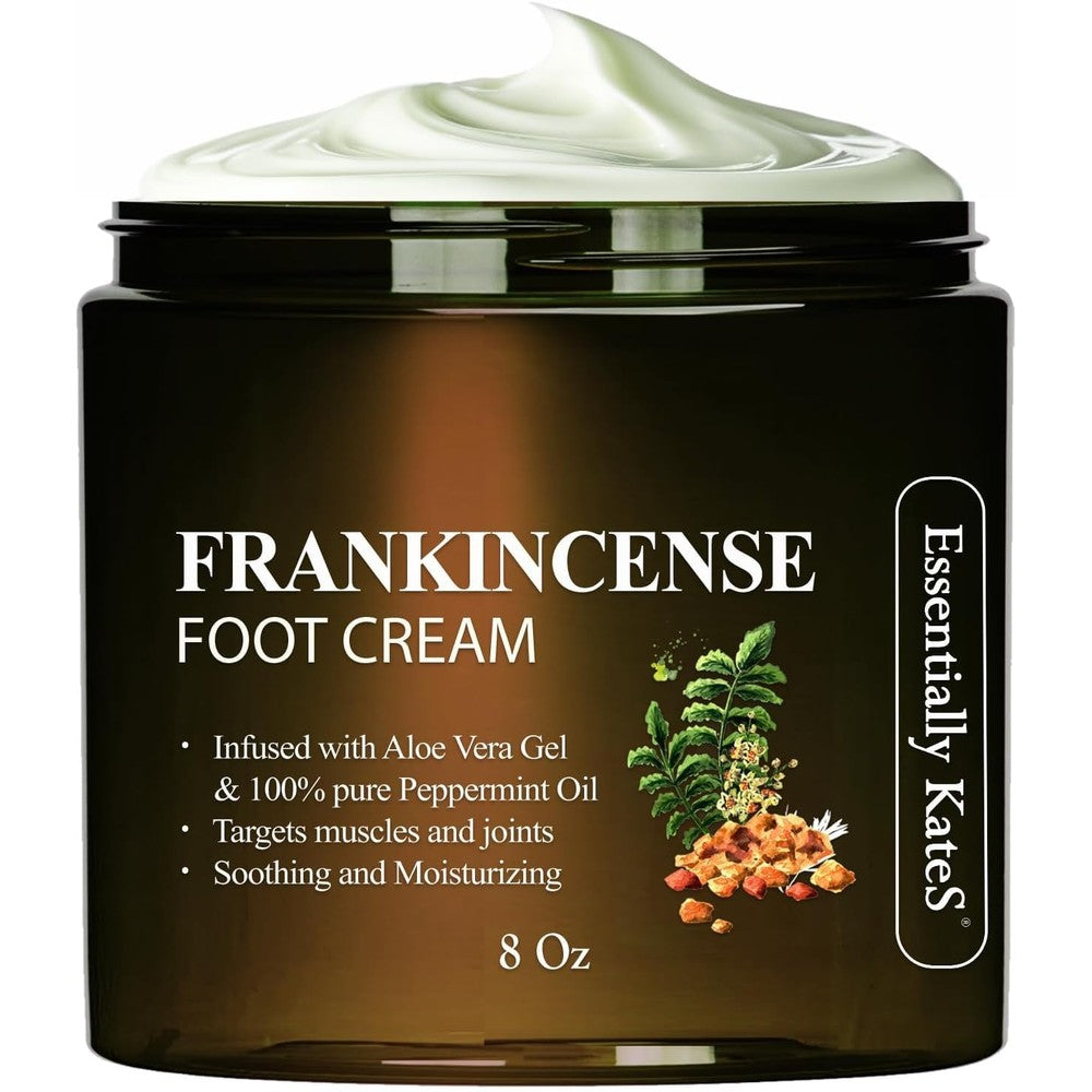 Essentially KateS Frankincense Oil And Peppermint Therapy Foot Cream eight fluid ounce jar front view showcasing premium label design.